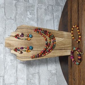 4 pc Multi Color Wood Bead Necklace/Earrings/Bracelets Set